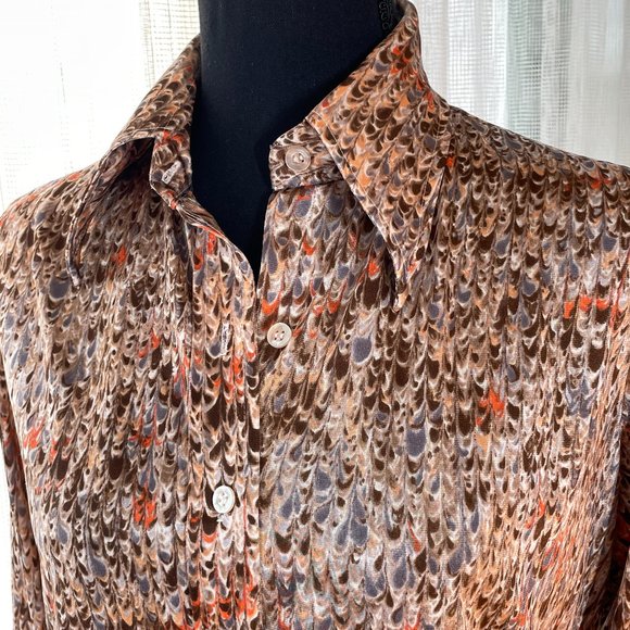 Vintage 70s top, abstract brown pattern, long sleeves blouse, size Large - Picture 2 of 6